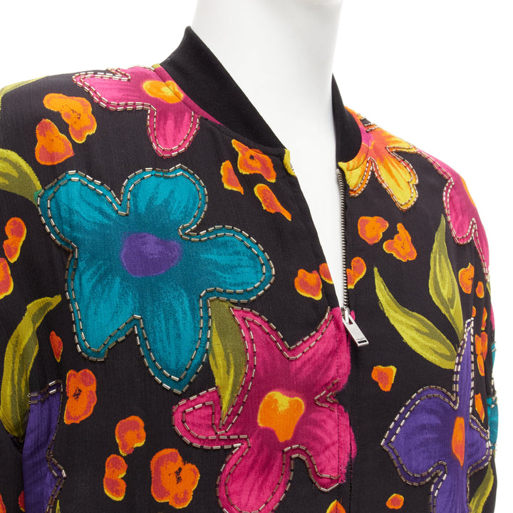SAINT LAURENT 2021 Teddy floral crepe embellished bomber jacket FR44 XS