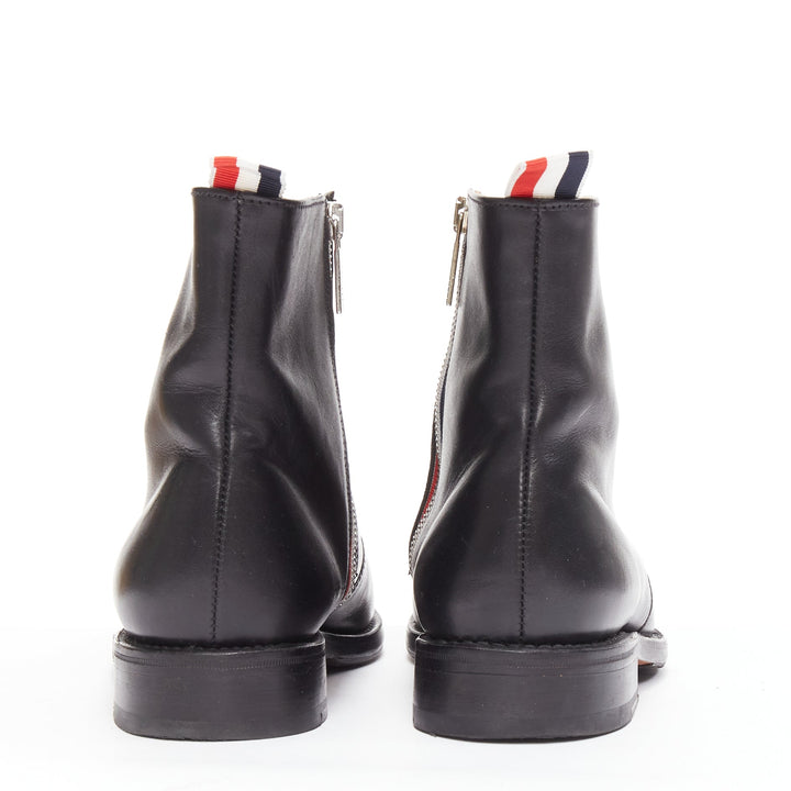 THOM BROWNE black leather red blue tab minimal zip ankle boots EU38
