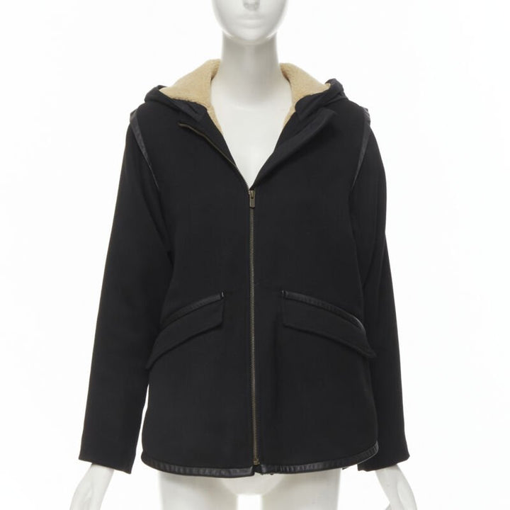 MAJE black fully shearling lined leather trim flared back coat FR36 S