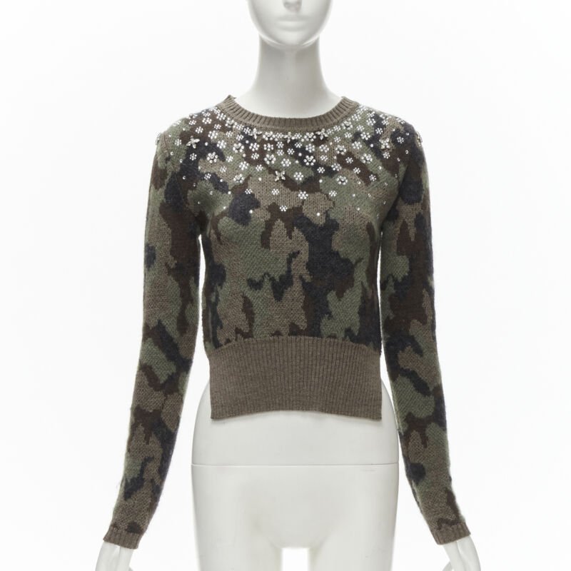 GIAMBATTISTA VALLI 2021 green camo crystal embellished cropped sweater IT38 XS