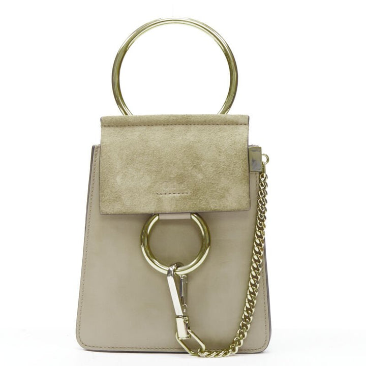 CHLOE Faye gold bangle bracelet ring chained crossbody grey suede leather bag