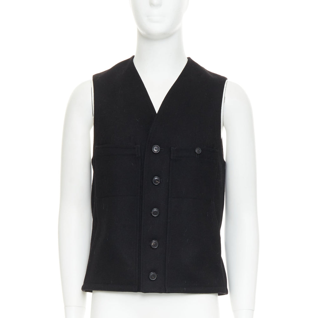 LEMAIRE black virgin wool felt horn buttons pocketed waist coat Sz.2 M