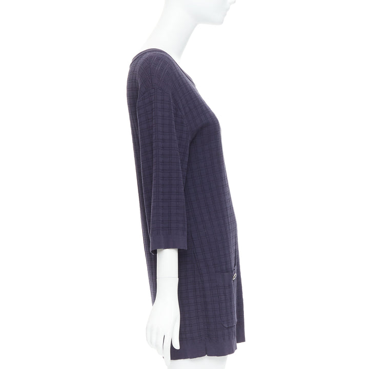 CHANEL navy cotton grid knit gold CC button 2 pocket mini dress FR36 S