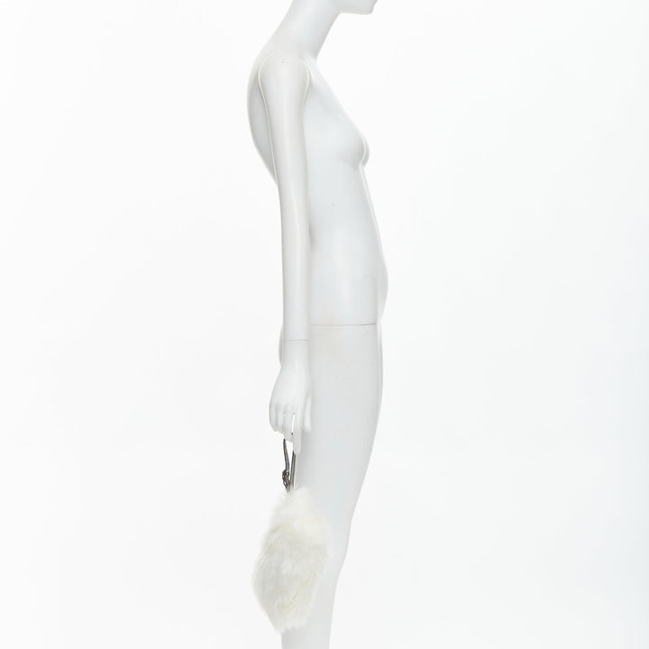 PRADA white faux fur silver triangle logo wristlet clutch bag