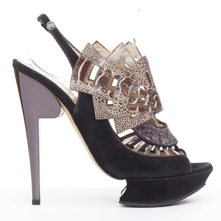 NICHOLAS KIRKWOOD brown black scaled leather platform sandals EU37.5