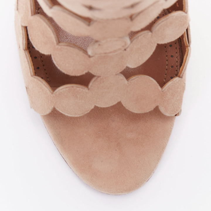 ALAIA nude leather scallop cut out caged high heeled sandals EU35