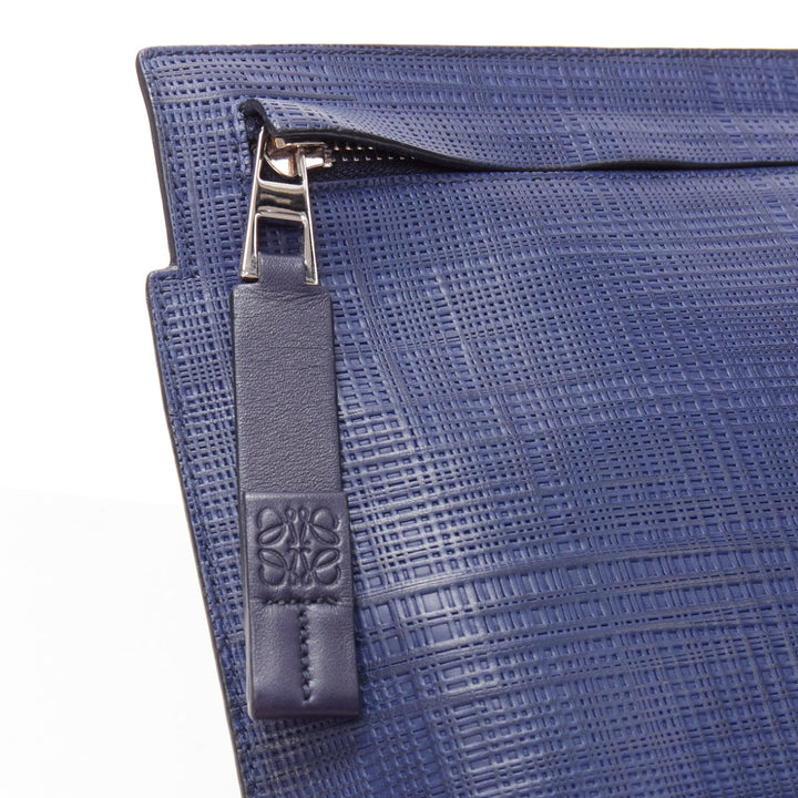 LOEWE T Pouch navy textured checkered leather silver zip wrist clutch bag
