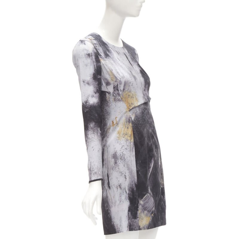 HELMUT LANG abstract grey gold paint stroke print mini dress S