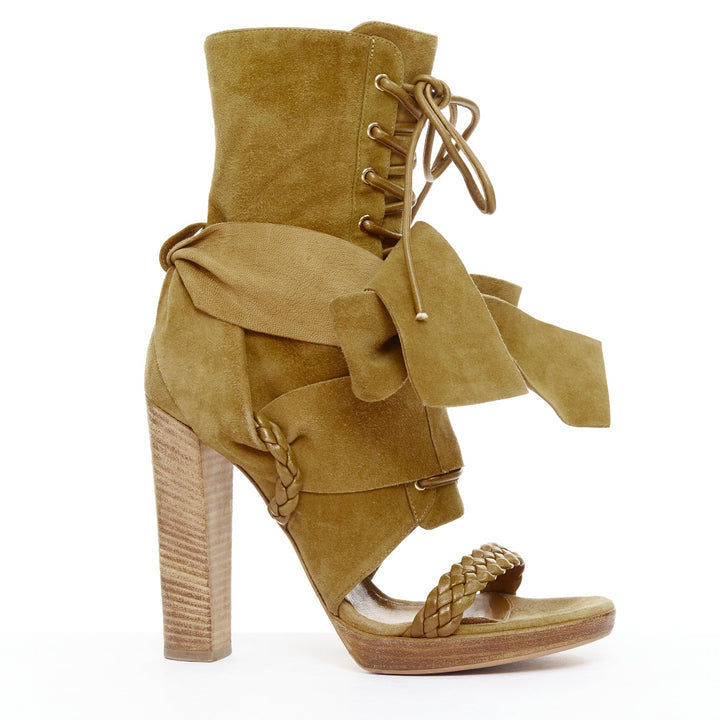 GIANVITO ROSSI tan suede leather braid strap ribbon tie block heels EU37