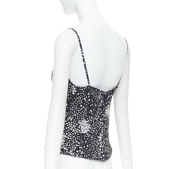 CHANEL 02A 100% silk CC logo polka dot pearl trim camisole FR40 S