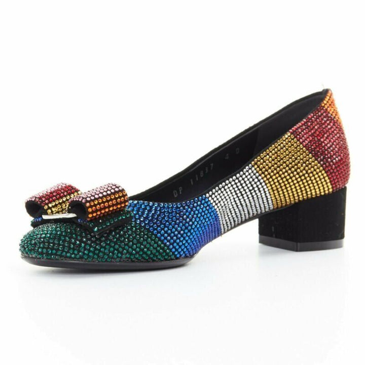 SALVATORE FERRAGAMO Vara rainbow crystal strass bow chunky kitten pump EU34