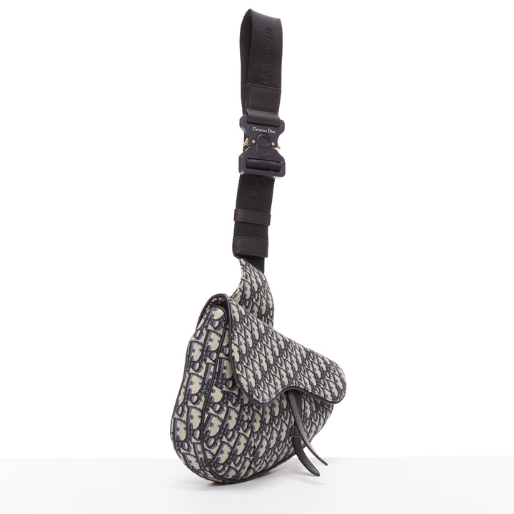 CHRISTIAN DIOR blue black CD logo monogram oblique canvas sadde shoulder bag