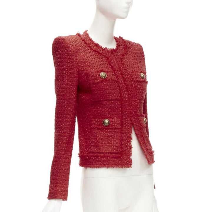 BALMAIN red tweed gold military button 4 pocket power blazer jacket FR34 XS