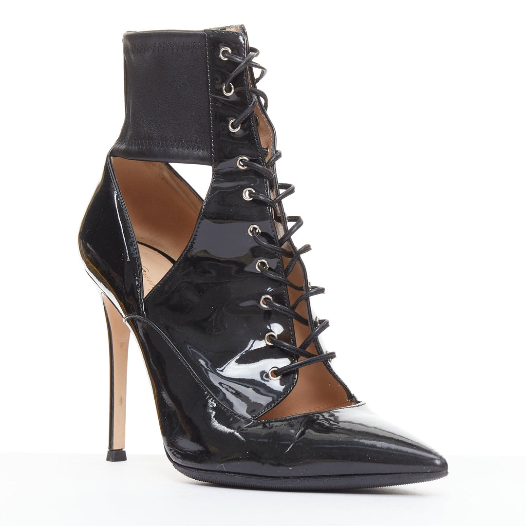 GIANVITO ROSSI black patent cut out corset lace heeled booties EU37.5