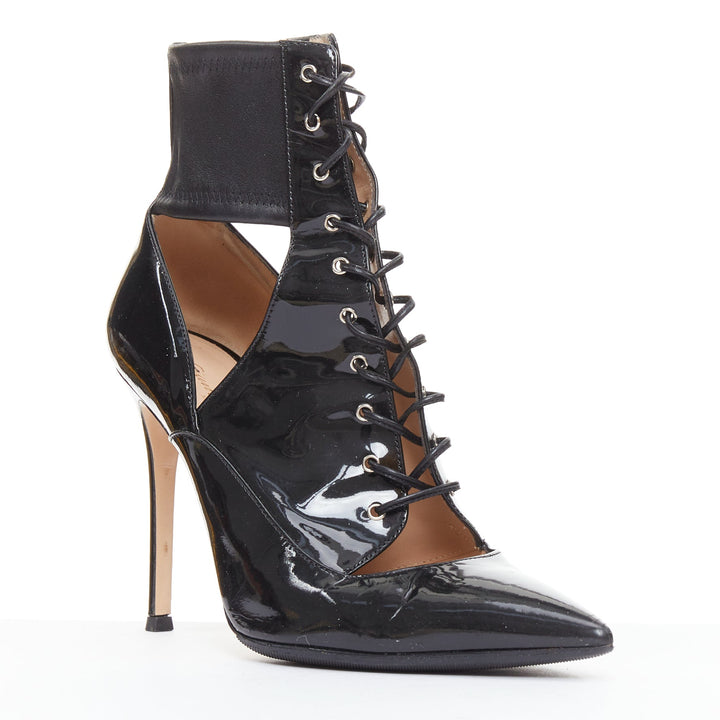 GIANVITO ROSSI black patent cut out corset lace heeled booties EU37.5