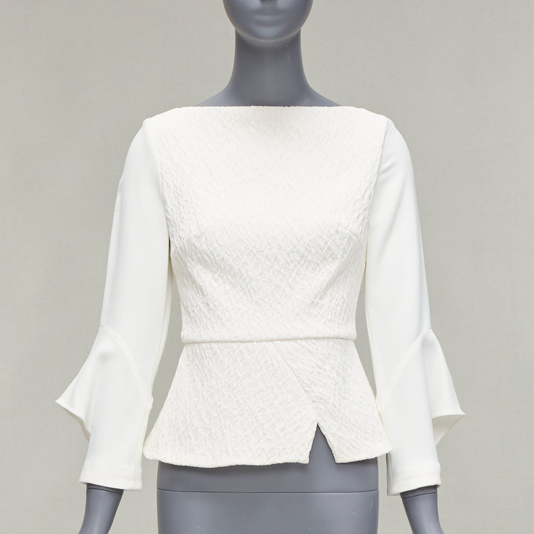 ROLAND MOURET 2018 Richardson cream textured crepe ruffle cuff peplum top UK6 XS