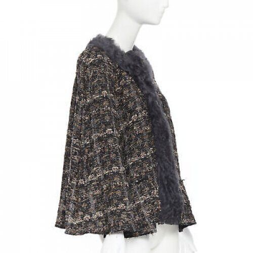 DOLCE GABBANA brown black wool tweed shearling fur trimmed cape poncho jacket XS