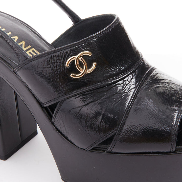 CHANEL 2024 black crumpled leather silver CC logo wedge platform heels EU37.5