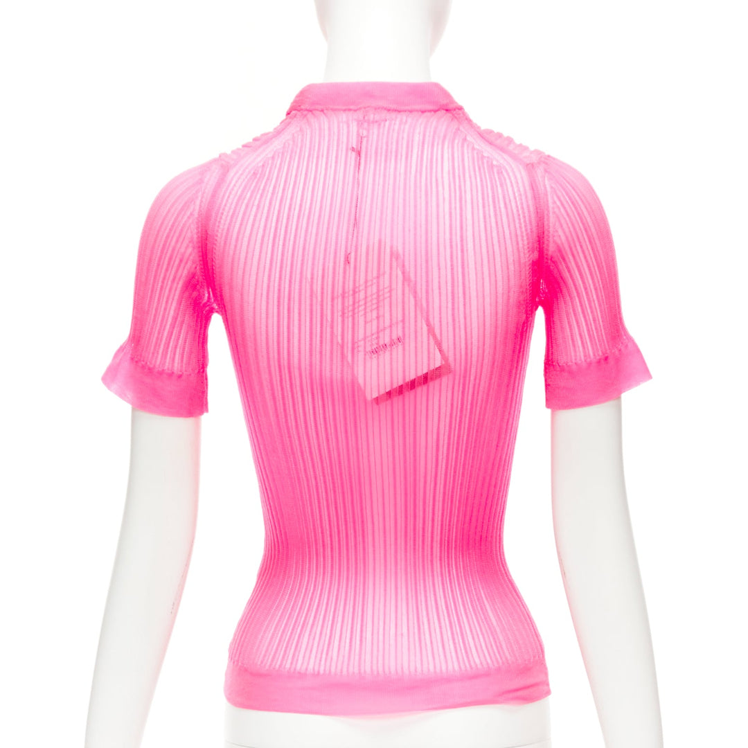 CECILIE BAHNSEN Fabienne neon pink ribber sheer crew flare sleeve top XS