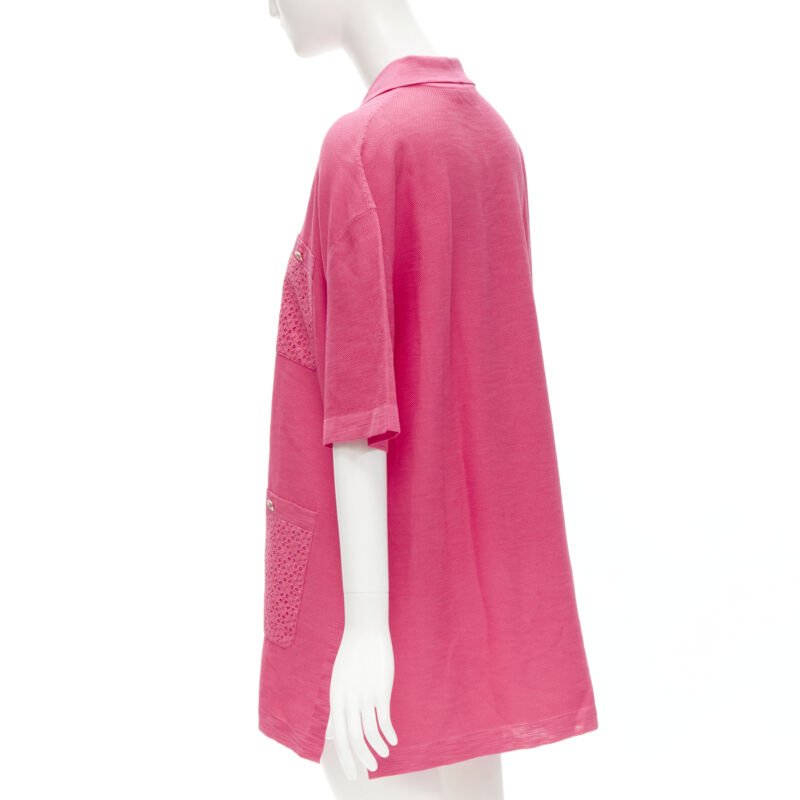 CHANEL pink viscose knit gold CC button embroidery anglais polo dress FR38 M