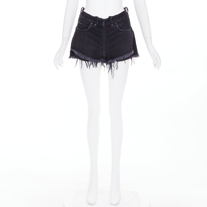 UNRAVEL PROJECT dark blue cotton zip around distressed mini shorts 25"