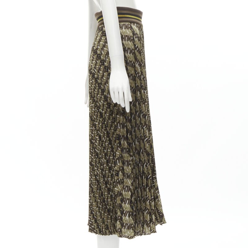FENDI Roma Amor brown gold graphic print pleated plisse silk skirt IT42 M