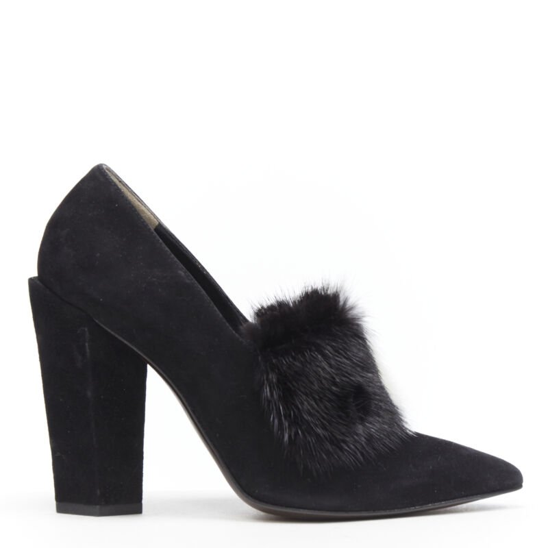 FENDI black suede black white mink fur front point toe chunky heel pump EU37.5
