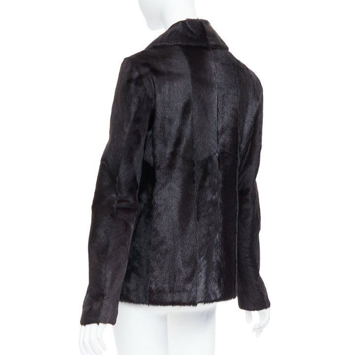 SAINT LAURENT 2017 black goat fur double breasted coat jacket FR44 2XL