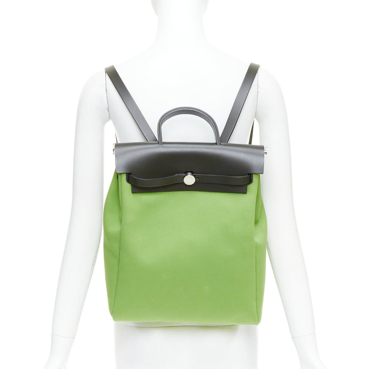 rare HERMES Herbag A Dos Vert Criquet green black canvas palladium backpack