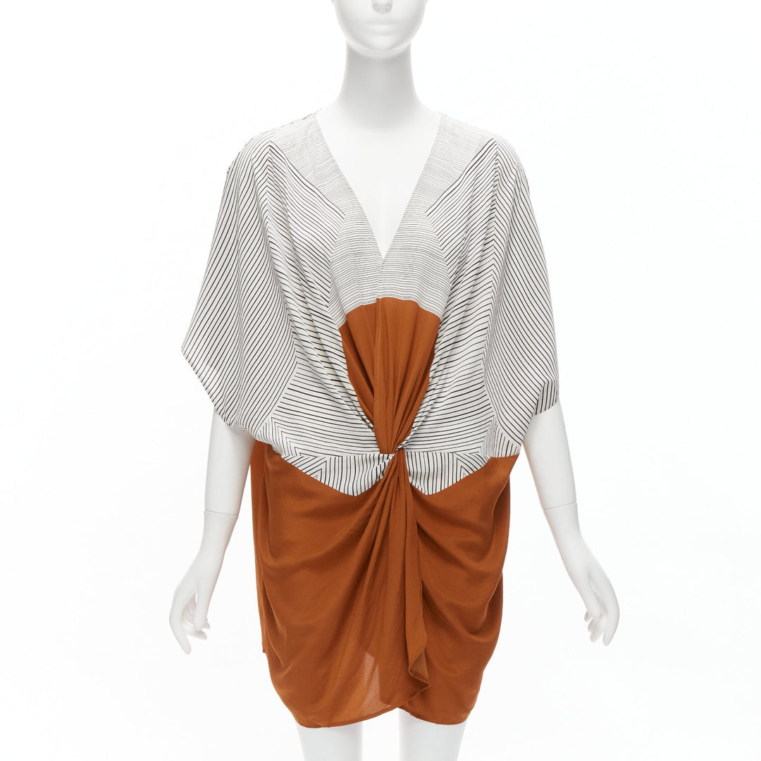 ERES 100% silk black white striped brown colorblocked knot coverup tunic  S