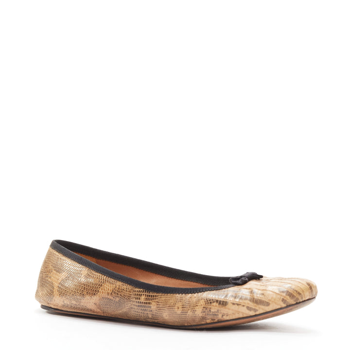 ALAIA brown scaled leather black bow trim ballerina flats shoes EU37