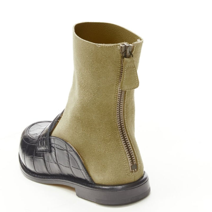 LOEWE black black scaled leather embossed brown suede sock loafer boot EU36