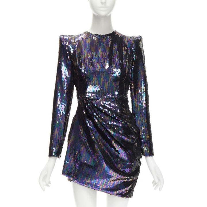 ALEX PERRY Iris petrol blue sequins shoulder padder draped mini dress UK6 S