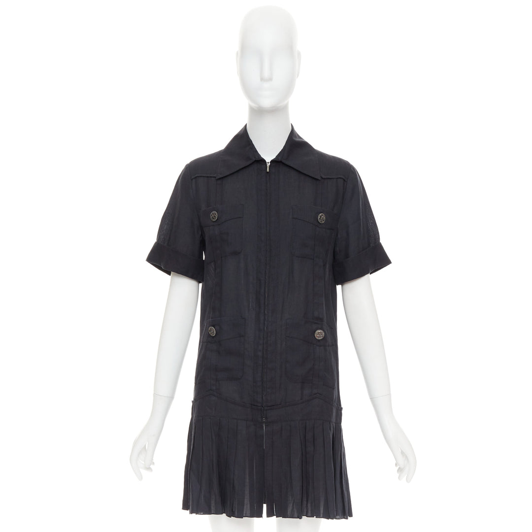 CHANEL Coco Cuba black ramie 4 pocket zip pleated mini dress FR34 XS
