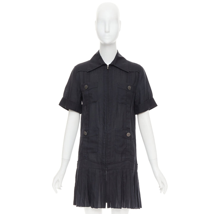 CHANEL Coco Cuba black ramie 4 pocket zip pleated mini dress FR34 XS