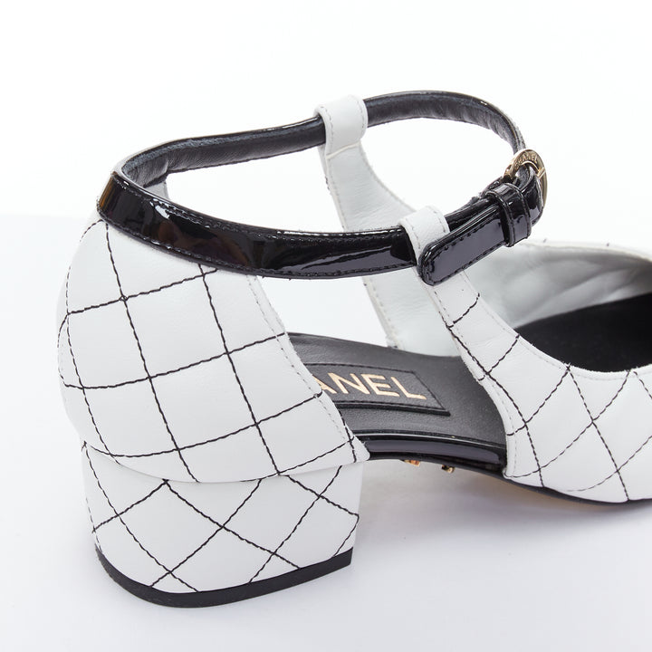 CHANEL 2022 black white quilted topstitch patent cap toe maryjane heels EU36.5