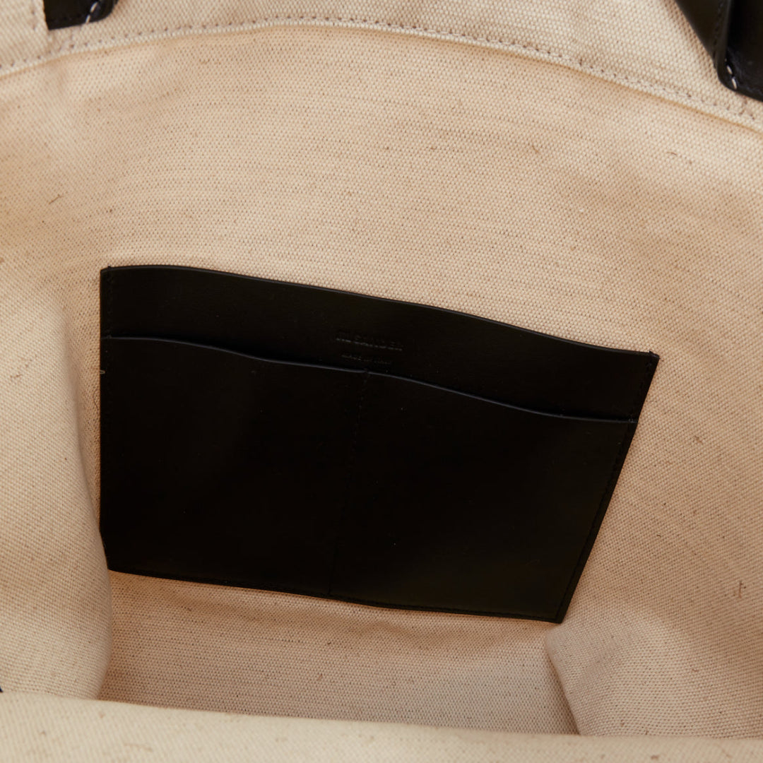 JIL SANDER Logo Print Canvas Long Tote beige canvas black leather trim bag