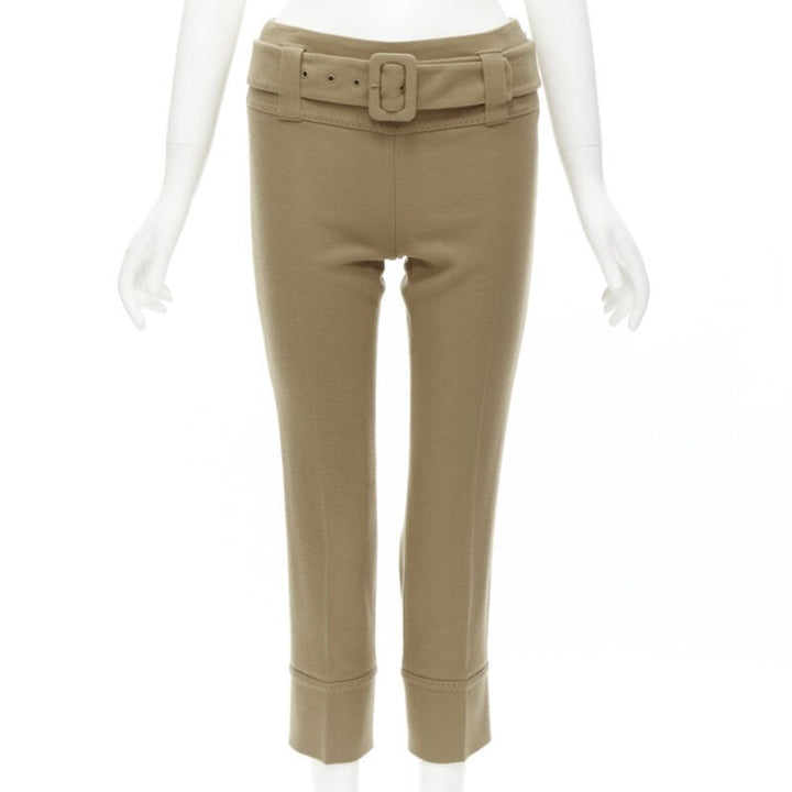 PRADA camel tan wool buckle belt tapered cropped pants XS