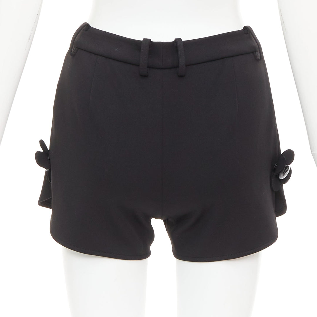 SHUSHU TONG Slit Shorts black floral button applique mini runner pants UK6 XS