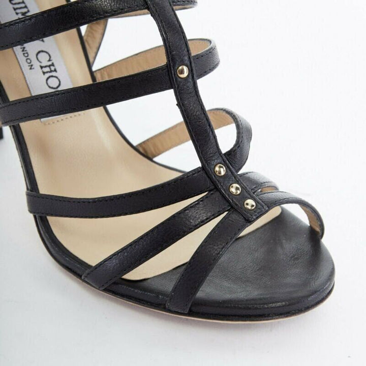 JIMMY CHOO black leather flower brooch caged strappy heel sandals EU35.5 US5.5