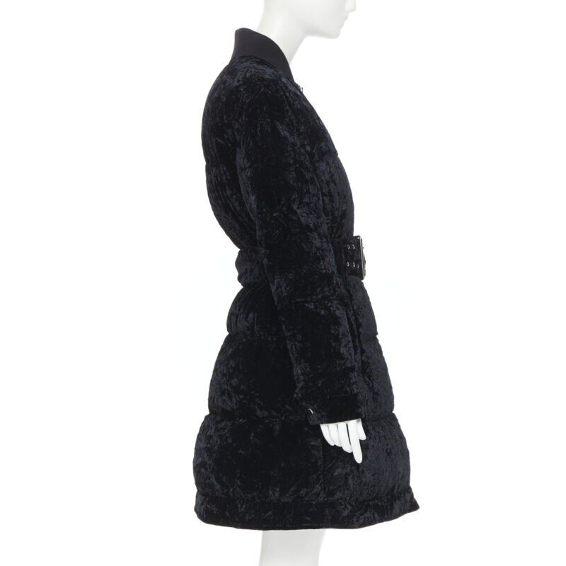 VERSUS VERSACE embroidery black crushed velvet belted puffer jacket IT38