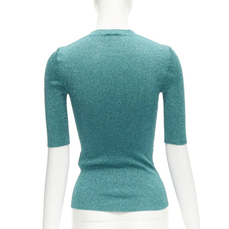 SAINT LAURENT turquoise blue metallic lurex lattice seam knitted top S