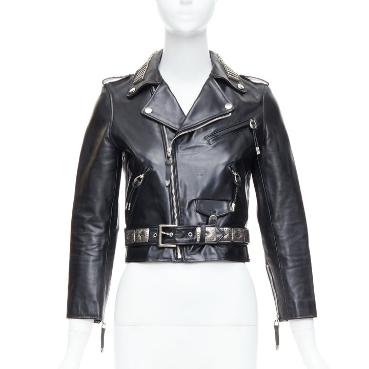 TOGA PULLA black cowhide leather silver logo charm zip crop biker FR36 S