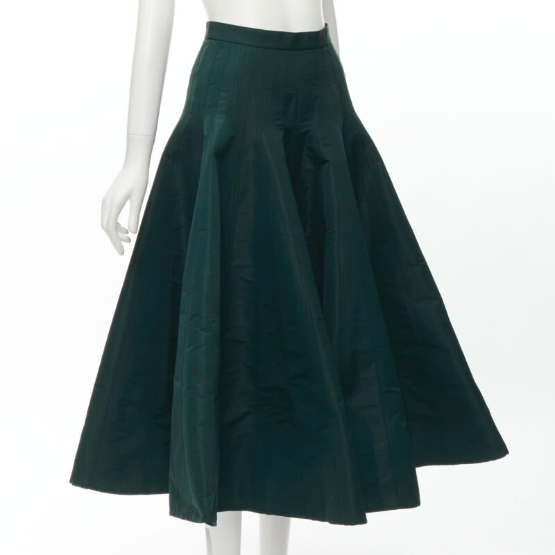 ALEXANDER MCQUEEN green taffeta top stitching panelled flared midi skirt IT36 XS