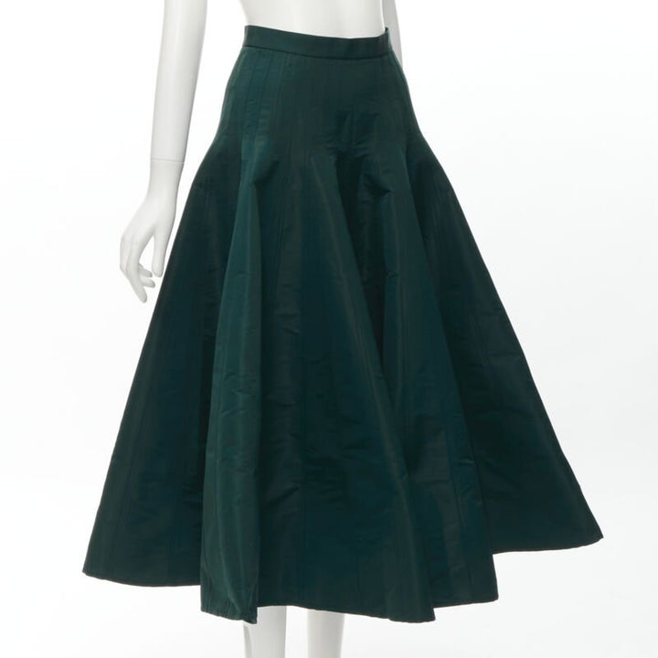 ALEXANDER MCQUEEN green taffeta top stitching panelled flared midi skirt IT36 XS