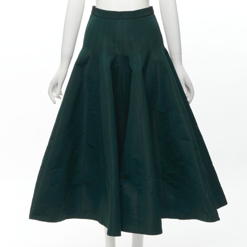 ALEXANDER MCQUEEN green taffeta top stitching panelled flared midi skirt IT36 XS
