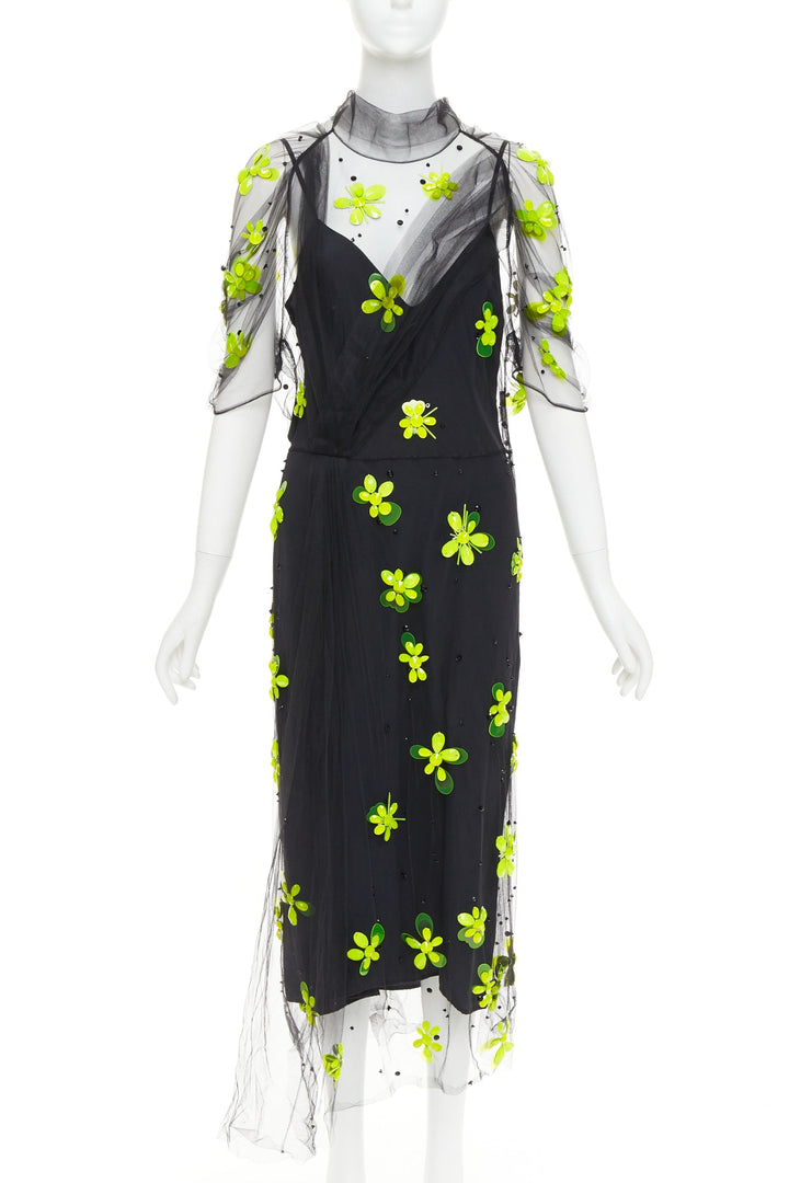 PRADA 2018 Runway neon yellow floral bead black gathered tulle dress IT40 S