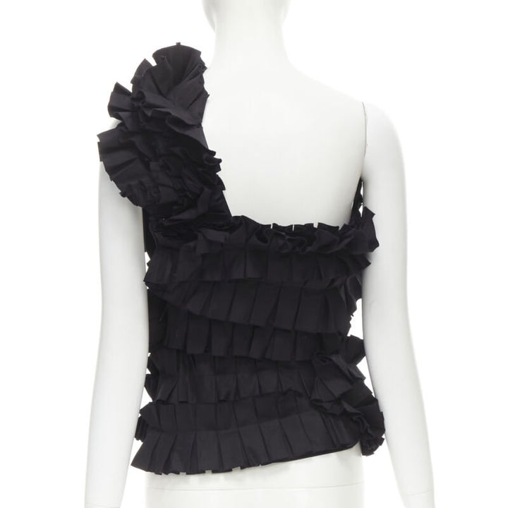 BOTTEGA VENETA black pleated ruffle one shoulder corset bustier top IT38 XS
