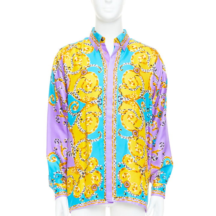 GIANNI VERSACE 1995 Vitnage 100% silk purple yellow leopard barocco shirt IT48 M