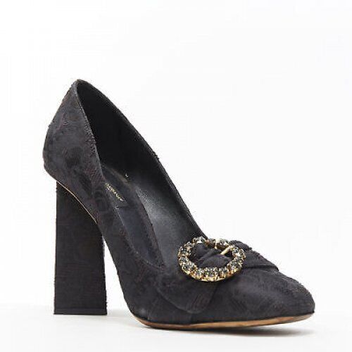 DOLCE GABBANA black brocade strass crystal brooch angular heel pump EU39 US9